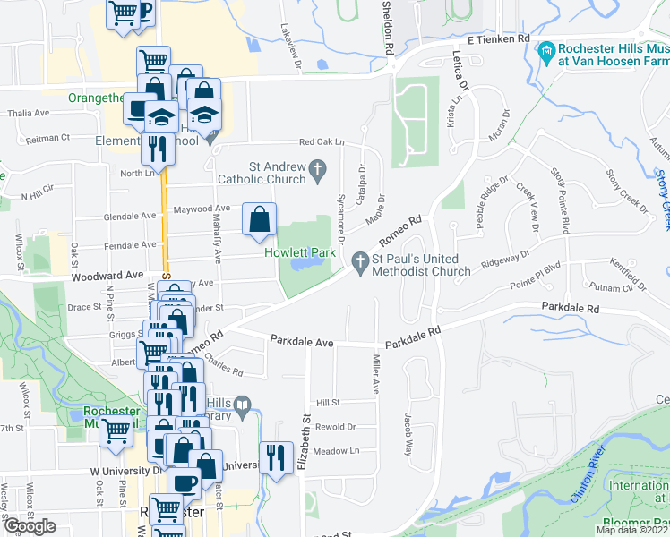 map of restaurants, bars, coffee shops, grocery stores, and more near 593 Romeo Road in Rochester