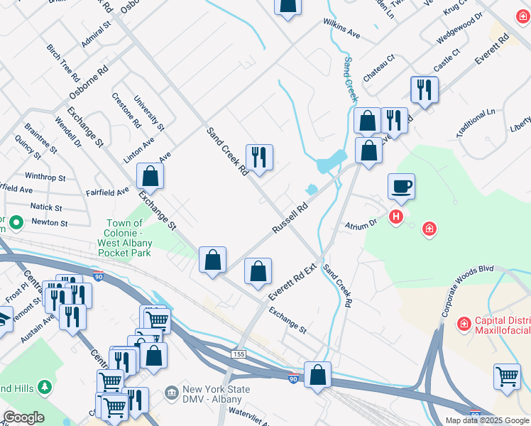 map of restaurants, bars, coffee shops, grocery stores, and more near 32 Russell Road in Albany