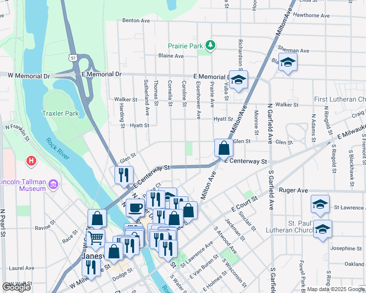 map of restaurants, bars, coffee shops, grocery stores, and more near 417 Caroline Street in Janesville