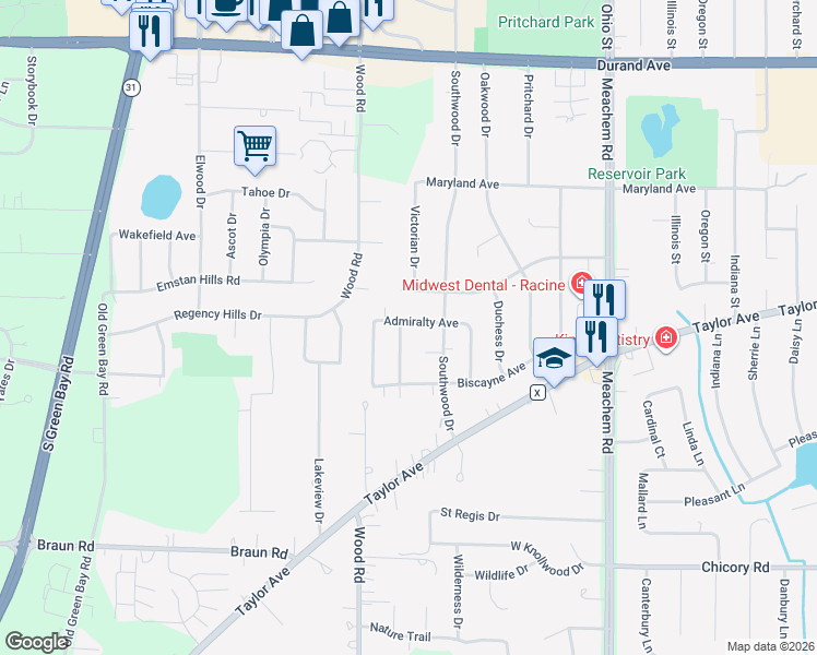 map of restaurants, bars, coffee shops, grocery stores, and more near 5217 Crown Court in Racine