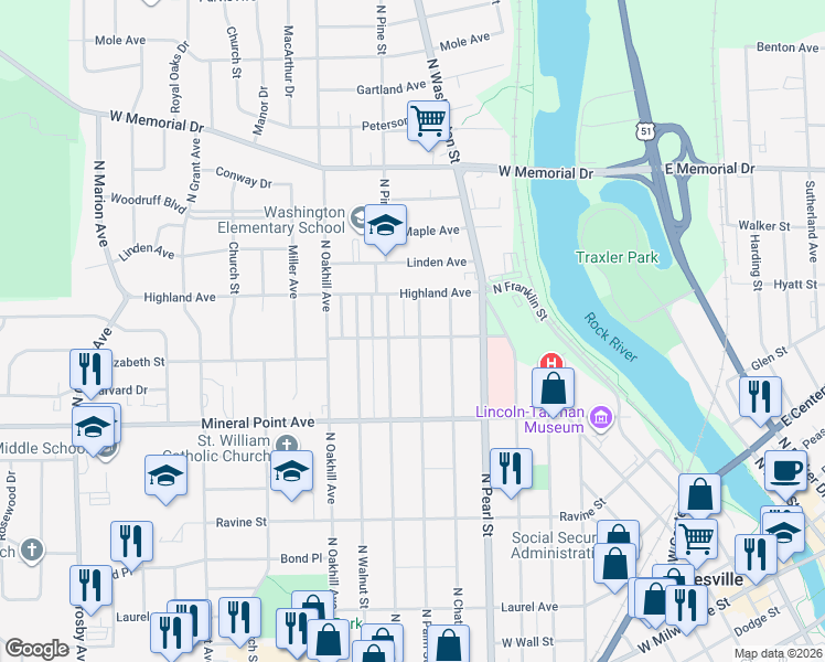 map of restaurants, bars, coffee shops, grocery stores, and more near 556 North Palm Street in Janesville