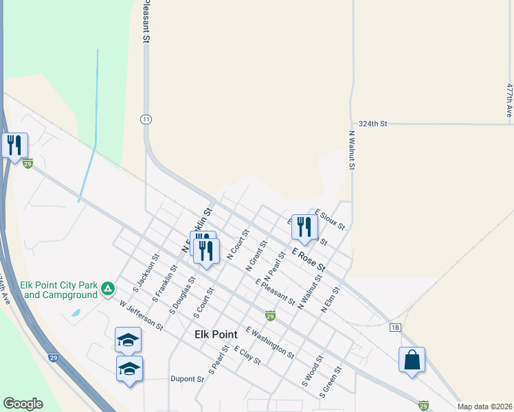map of restaurants, bars, coffee shops, grocery stores, and more near 411 North Court Street in Elk Point