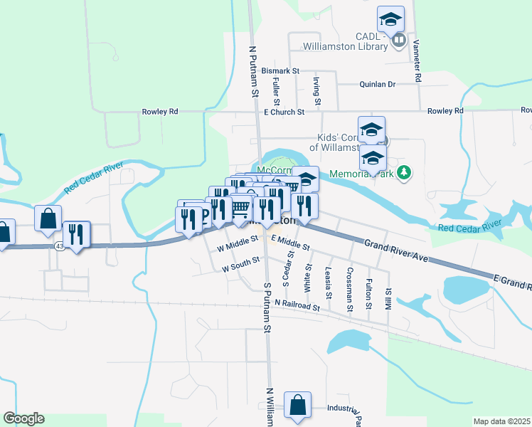 map of restaurants, bars, coffee shops, grocery stores, and more near 45 East Grand River Avenue in Williamston