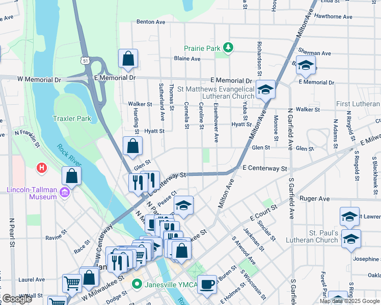 map of restaurants, bars, coffee shops, grocery stores, and more near 444 Cornelia Street in Janesville