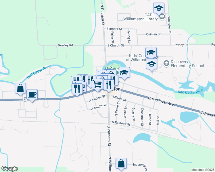 map of restaurants, bars, coffee shops, grocery stores, and more near West Grand River Avenue & South Putnam Street in Williamston