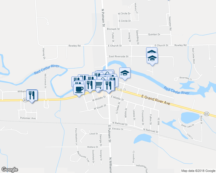 map of restaurants, bars, coffee shops, grocery stores, and more near West Grand River Avenue & South Putnam Street in Williamston