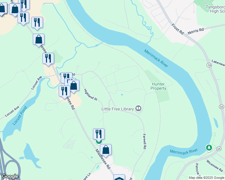 map of restaurants, bars, coffee shops, grocery stores, and more near 89 Farwell Road in Tyngsborough