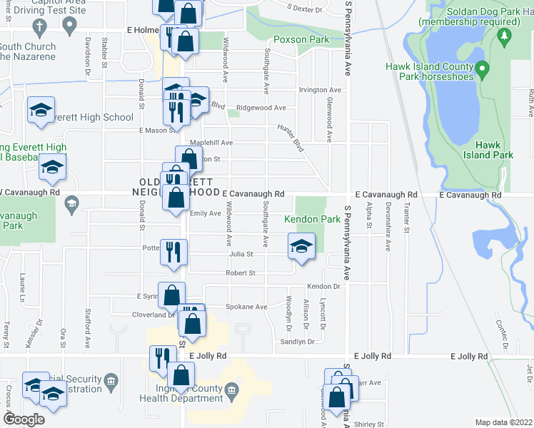 map of restaurants, bars, coffee shops, grocery stores, and more near Southgate Ave & Emily Ave in Lansing