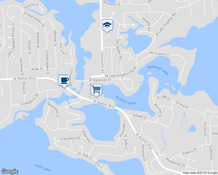 map of restaurants, bars, coffee shops, grocery stores, and more near 2965 Barkman Drive in Waterford Township