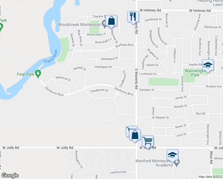 map of restaurants, bars, coffee shops, grocery stores, and more near 4017 Glenburne Boulevard in Lansing