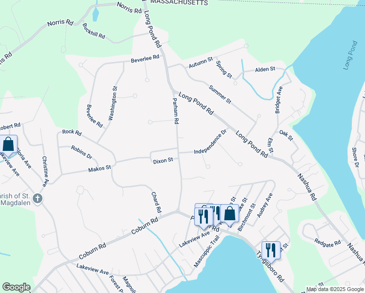 map of restaurants, bars, coffee shops, grocery stores, and more near 79 Parham Road in Tyngsborough