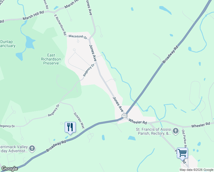 map of restaurants, bars, coffee shops, grocery stores, and more near 160 Jones Avenue in Dracut