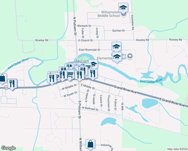 map of restaurants, bars, coffee shops, grocery stores, and more near 202 High Street in Williamston