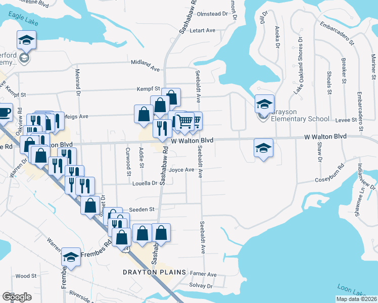 map of restaurants, bars, coffee shops, grocery stores, and more near 4180 West Walton Boulevard in Waterford Township