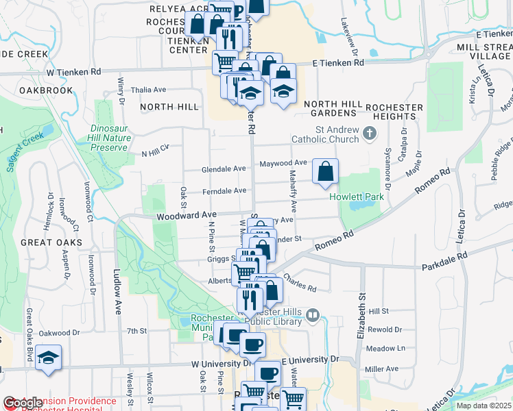 map of restaurants, bars, coffee shops, grocery stores, and more near 1108 North Main Street in Rochester