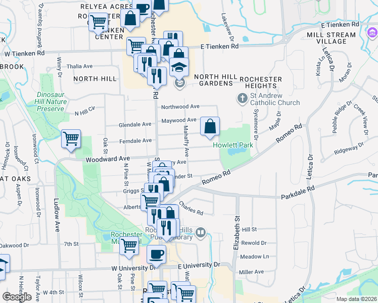 map of restaurants, bars, coffee shops, grocery stores, and more near 302 Linwood Avenue in Rochester