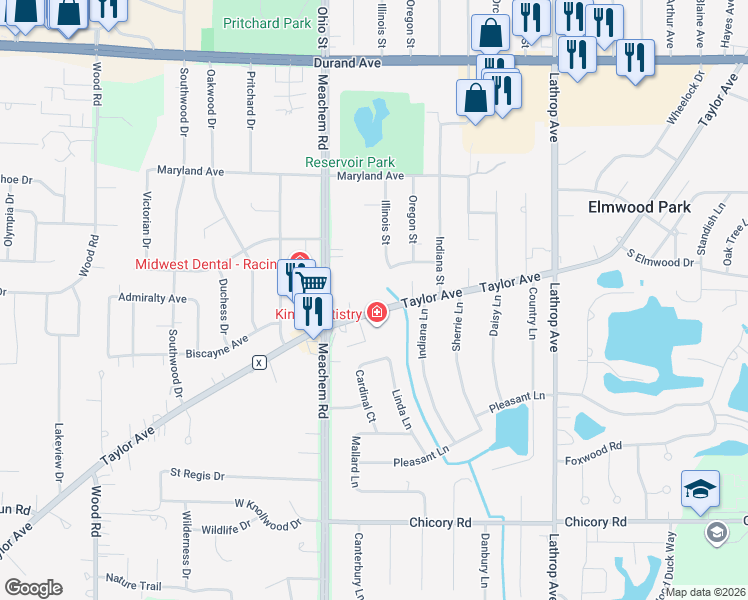 map of restaurants, bars, coffee shops, grocery stores, and more near 3448 Illinois Street in Mount Pleasant