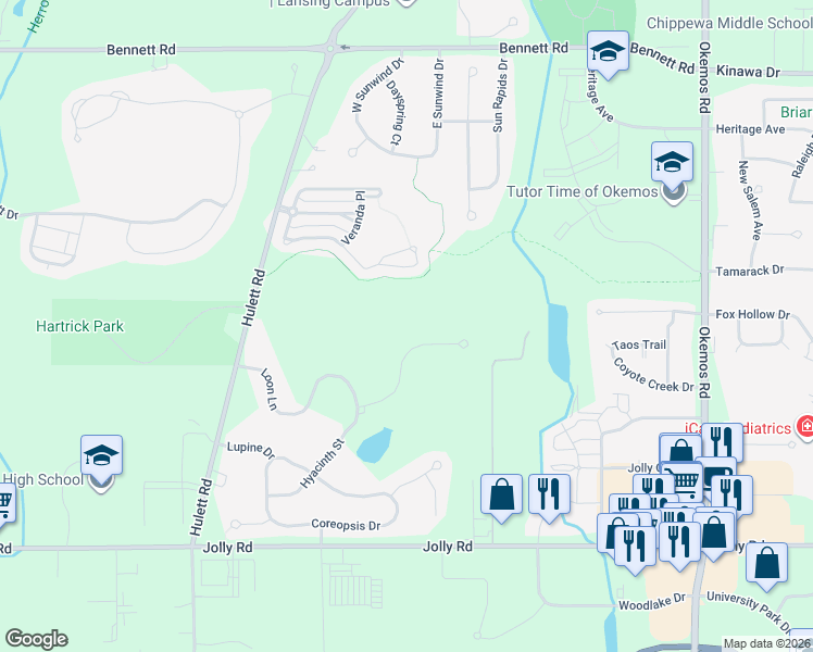 map of restaurants, bars, coffee shops, grocery stores, and more near 2613 Elderberry Drive in Meridian charter Township