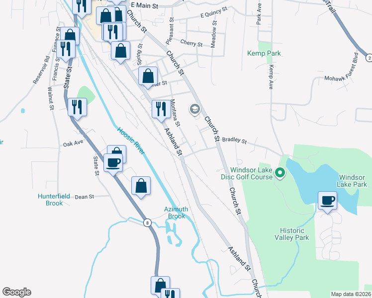map of restaurants, bars, coffee shops, grocery stores, and more near Montana St in North Adams