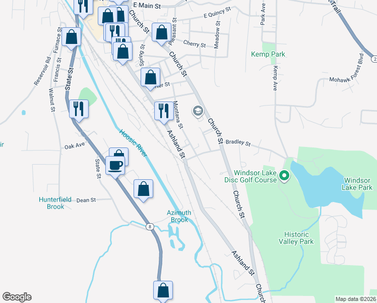 map of restaurants, bars, coffee shops, grocery stores, and more near Montana St in North Adams