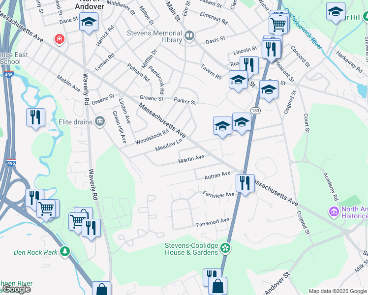 map of restaurants, bars, coffee shops, grocery stores, and more near 1 Meadow Lane in North Andover