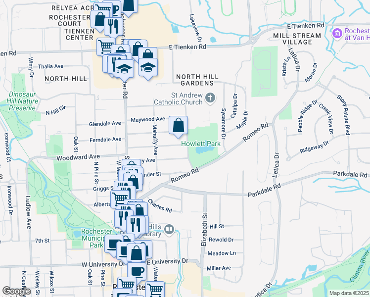 map of restaurants, bars, coffee shops, grocery stores, and more near 366 Highland Avenue in Rochester
