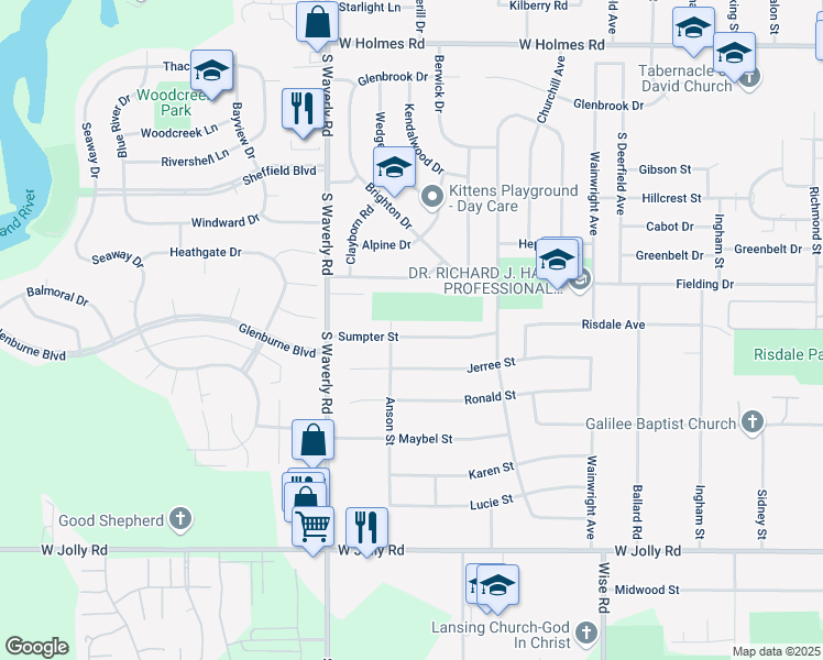 map of restaurants, bars, coffee shops, grocery stores, and more near 3622 Sumpter Street in Lansing