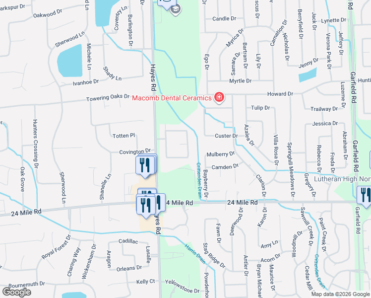 map of restaurants, bars, coffee shops, grocery stores, and more near 53480 Fitzgerald Drive in Macomb