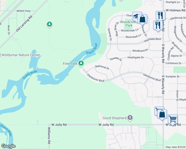 map of restaurants, bars, coffee shops, grocery stores, and more near 4325 Balmoral Drive in Lansing