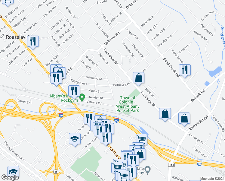 map of restaurants, bars, coffee shops, grocery stores, and more near 66 Braintree Street in Albany