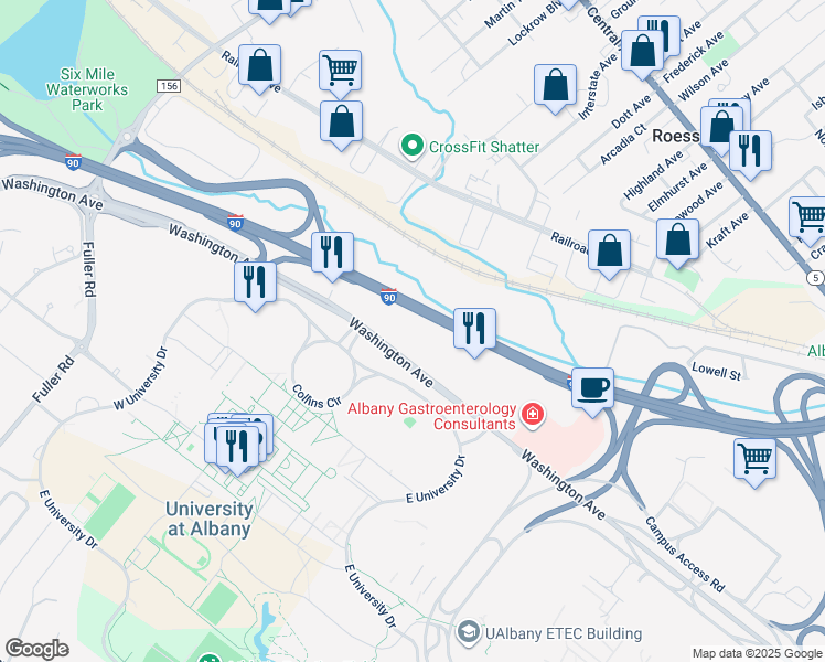 map of restaurants, bars, coffee shops, grocery stores, and more near Interstate 90 in Albany
