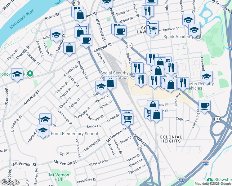 map of restaurants, bars, coffee shops, grocery stores, and more near 320 South Broadway in Lawrence