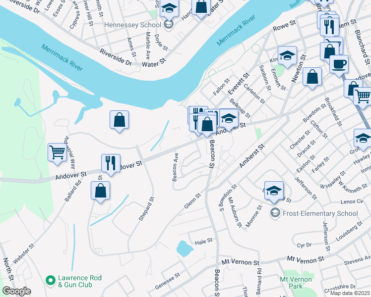 map of restaurants, bars, coffee shops, grocery stores, and more near 623 Andover Street in Lawrence