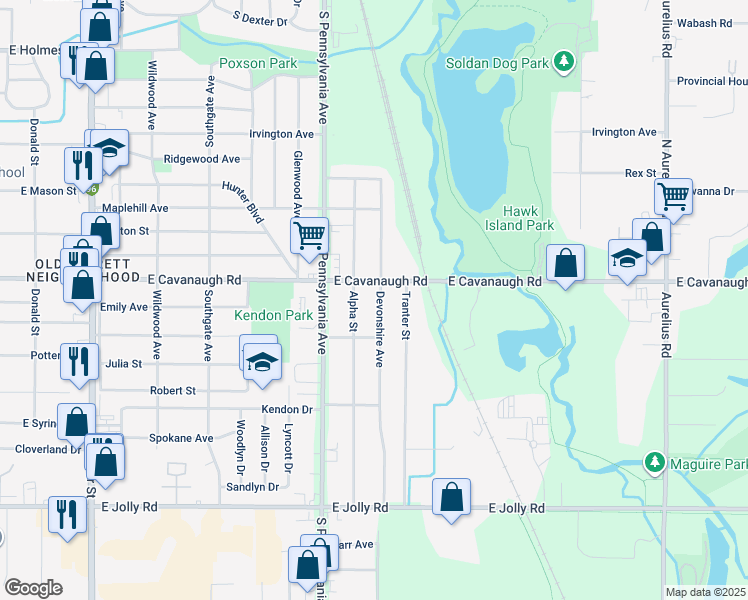 map of restaurants, bars, coffee shops, grocery stores, and more near 4316 Devonshire Avenue in Lansing