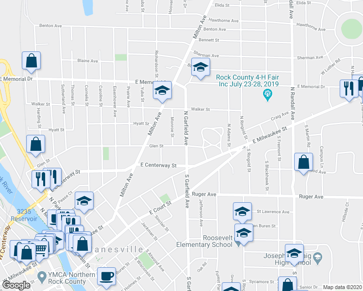 map of restaurants, bars, coffee shops, grocery stores, and more near 939 Glen Street in Janesville