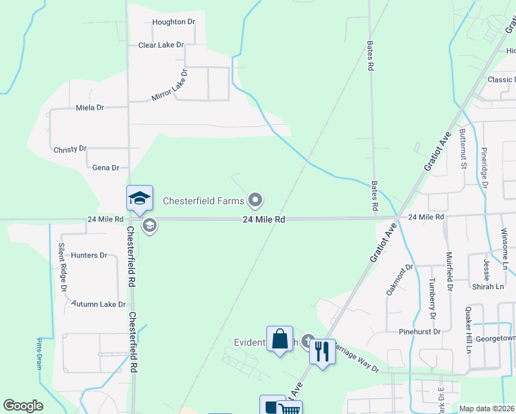 map of restaurants, bars, coffee shops, grocery stores, and more near 27751 24 Mile Road in New Baltimore