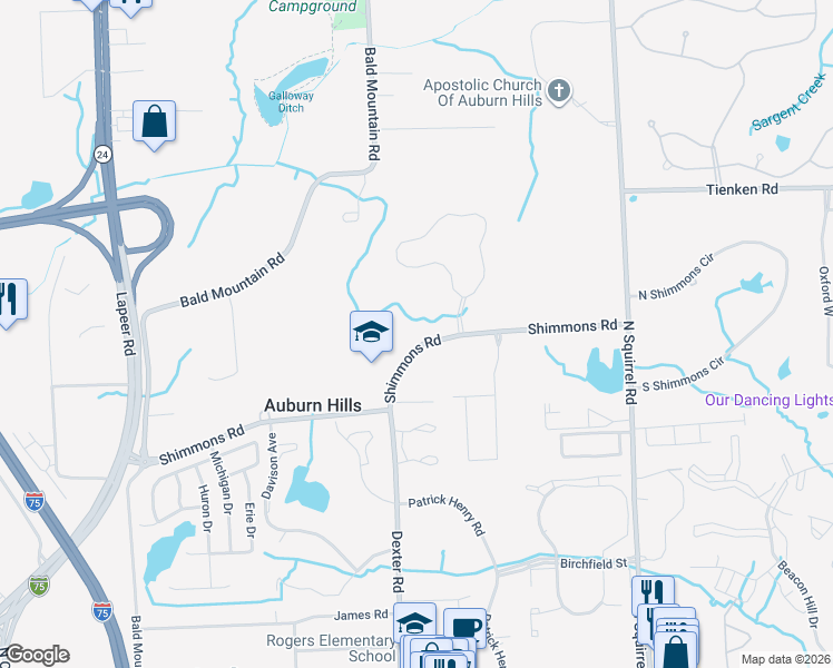 map of restaurants, bars, coffee shops, grocery stores, and more near 3075-3185 Shimmons Road in Auburn Hills