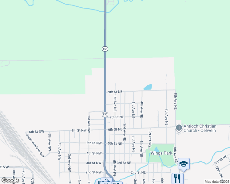 map of restaurants, bars, coffee shops, grocery stores, and more near 99 9th Street Northeast in Oelwein