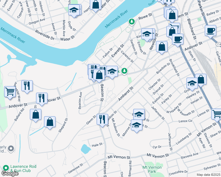 map of restaurants, bars, coffee shops, grocery stores, and more near 581 Andover Street in Lawrence