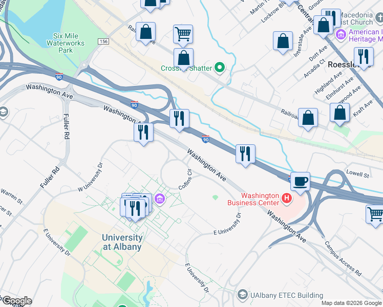 map of restaurants, bars, coffee shops, grocery stores, and more near 1400 Washington Avenue in Albany