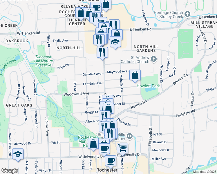map of restaurants, bars, coffee shops, grocery stores, and more near 128 Linwood Avenue in Rochester