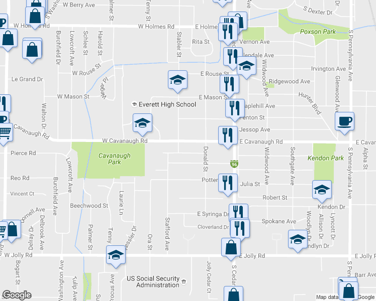 map of restaurants, bars, coffee shops, grocery stores, and more near 114 East Cavanaugh Road in Lansing
