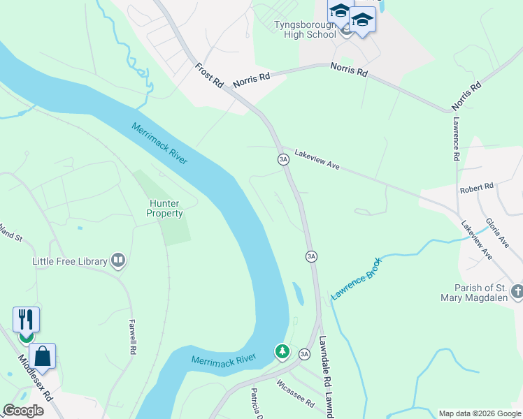 map of restaurants, bars, coffee shops, grocery stores, and more near 33 Phalanx Street in Tyngsborough