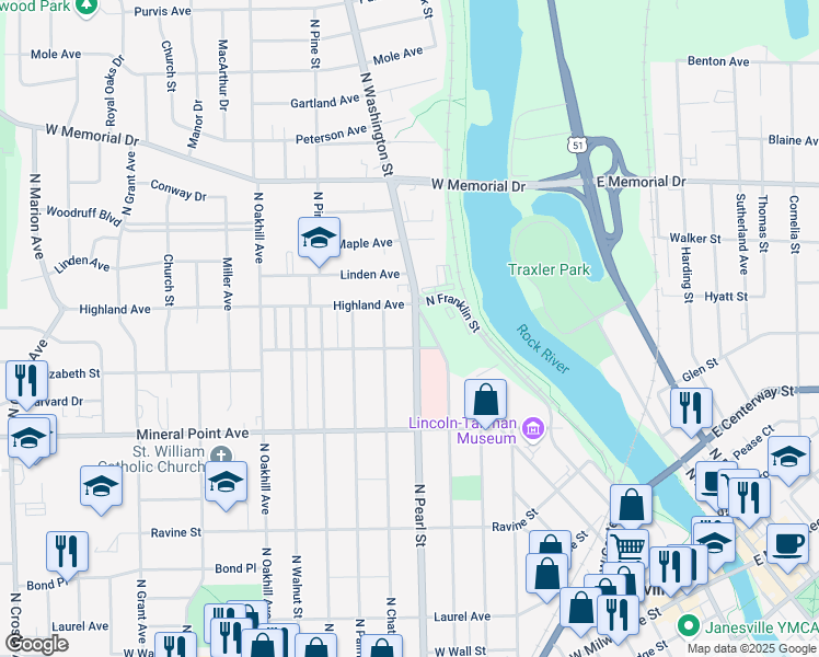 map of restaurants, bars, coffee shops, grocery stores, and more near 615 North Pearl Street in Janesville