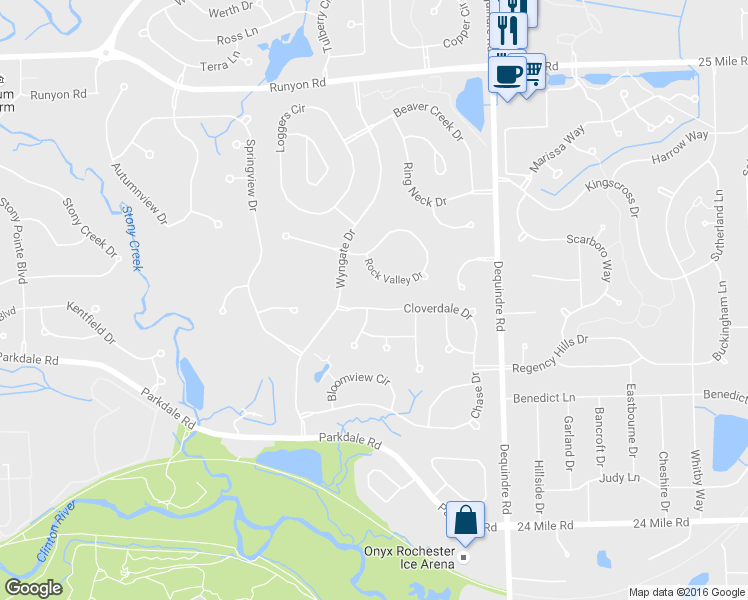 map of restaurants, bars, coffee shops, grocery stores, and more near 1827 Cloverdale Drive in Rochester