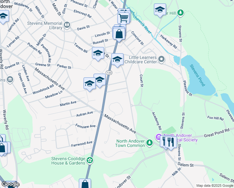 map of restaurants, bars, coffee shops, grocery stores, and more near 28 Bay State Road in North Andover