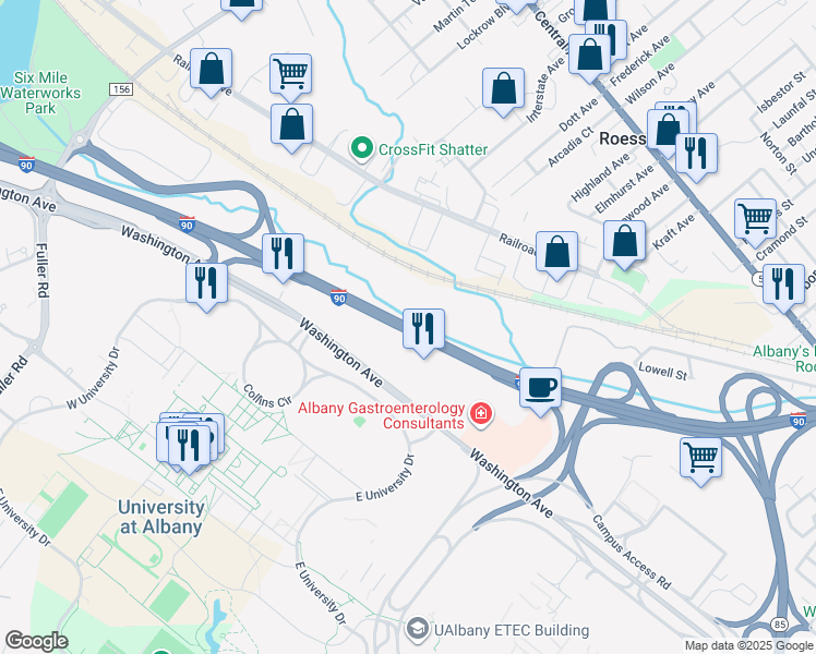 map of restaurants, bars, coffee shops, grocery stores, and more near Interstate 90 in Albany