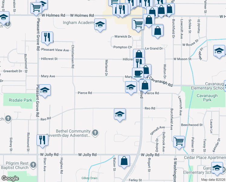 map of restaurants, bars, coffee shops, grocery stores, and more near 1404 Pierce Road in Lansing