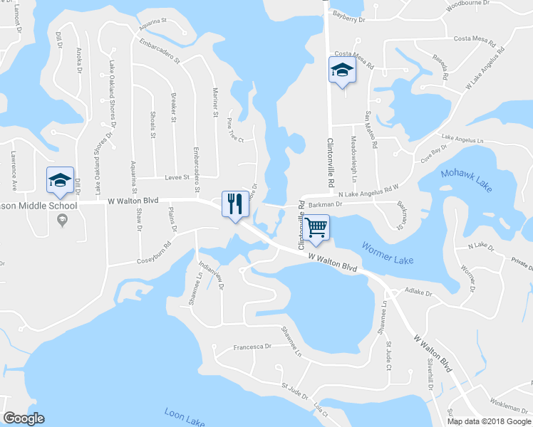 map of restaurants, bars, coffee shops, grocery stores, and more near 3227 Donzi Cove Drive in Waterford Township