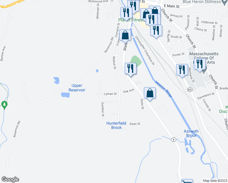 map of restaurants, bars, coffee shops, grocery stores, and more near 28-74 Lyman St in North Adams
